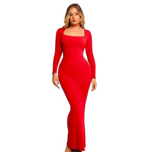 Popilush | Built-In Shapewear Long Sleeve Maxi Lounge Dress in Red - Picture 1 of 8